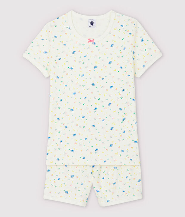 Kinder-Kurzpyjama aus Baumwolle und Leinen mit kleinen Blumen f&uuml;r M&auml;dchen weiss/vielfarbig