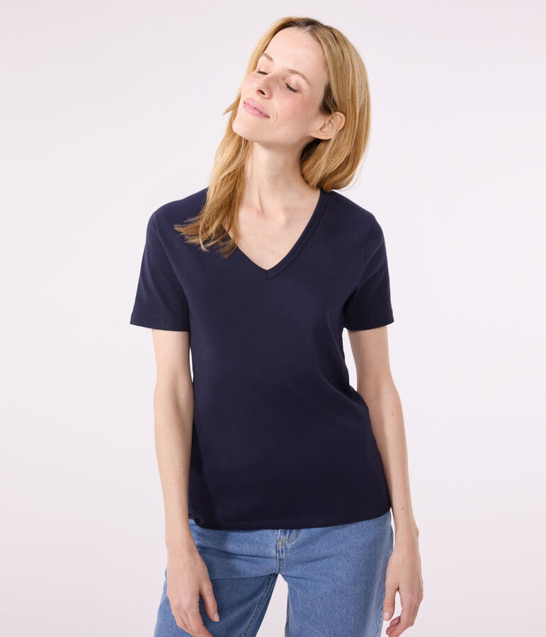 Kurz&auml;rmeliges Damen-T-Shirt L'ICONIQUE aus einfarbigem Rippstrick blau