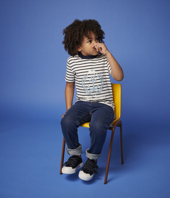 Kurzärmeliges Kinder-T-Shirt aus Jersey für Jungen weiss MARSHMALLOW/blau SMOKING