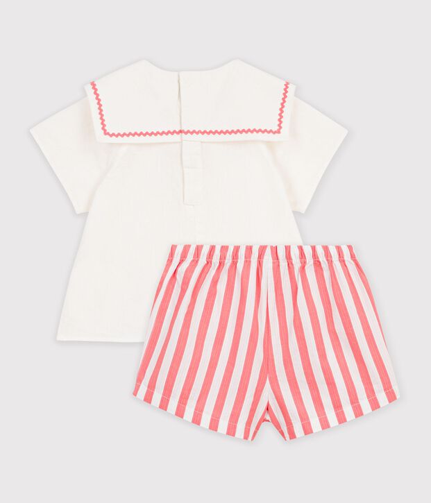 2-teiliges Baby-Set aus Baumwolle/Leinen, Oberteil mit Matrosenkragen rosa/weiss