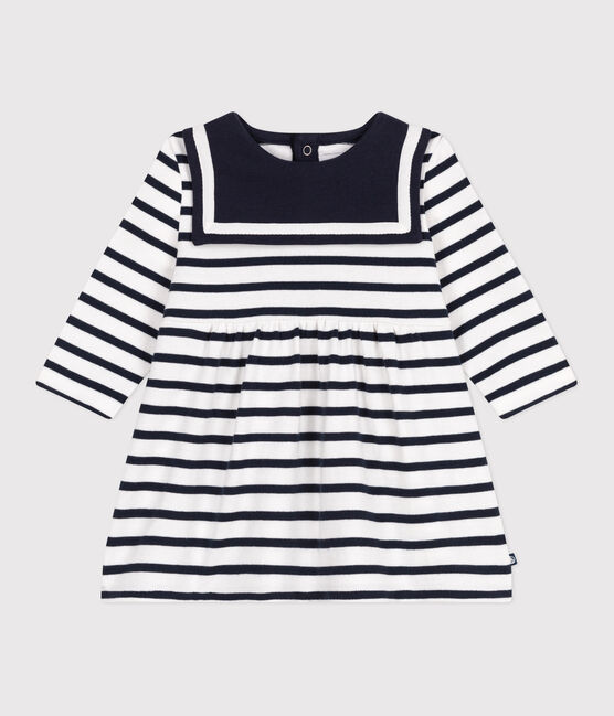Langärmeliges Baby-Kleid aus festem Baumwollstoff mit Matrosenstreifen weiss MARSHMALLOW/blau SMOKING