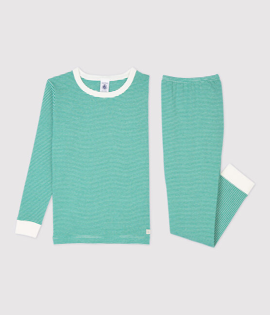 Snugfit-Kinderpyjama aus Bio-Baumwolle mit Ringelstreifen für Jungen grün PIVERT/weiss MARSHMALLOW