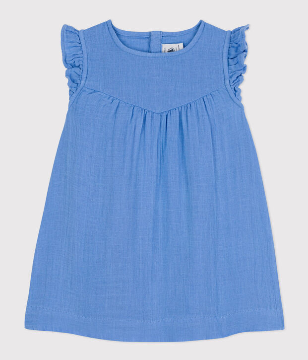 &Auml;rmelloses Baby-Kleid aus einfarbiger Baumwollgaze blau