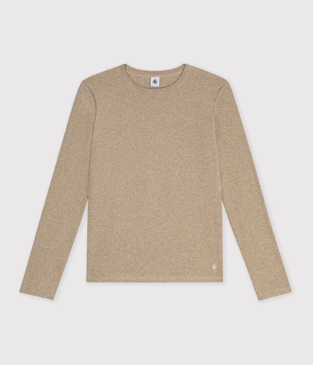 Lang&auml;rmeliges Damen-T-Shirt aus einfarbiger Baumwolle beige