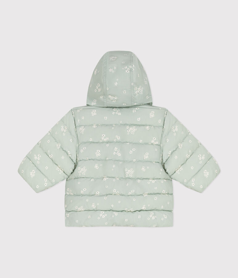 Gemusterte  Baby-Winterjacke mit einrollbarer Kapuze gr&uuml;n/vielfarbig
