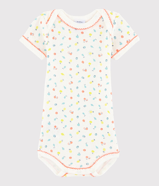 Kurzärmeliger Baby-Body Mädchen weiss LAIT/weiss MULTICO