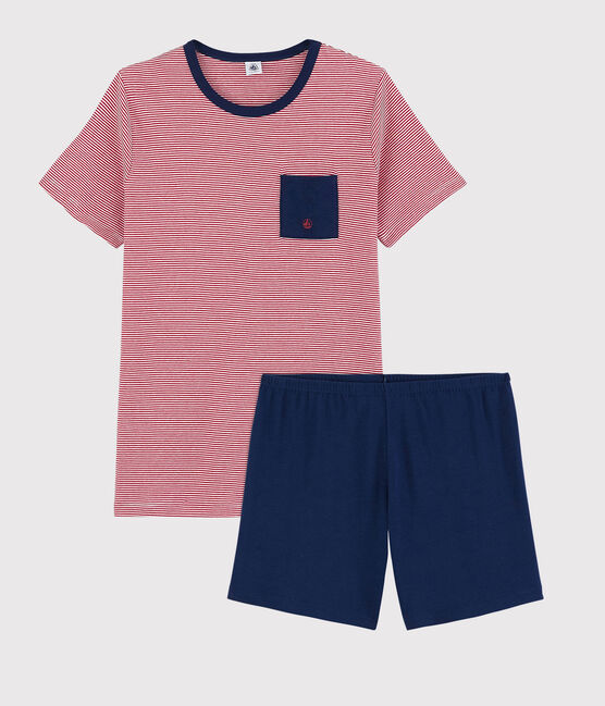 Kinder-Kurzpyjama aus Rippstrick mit roten Streifen blau MEDIEVAL/weiss MULTICO