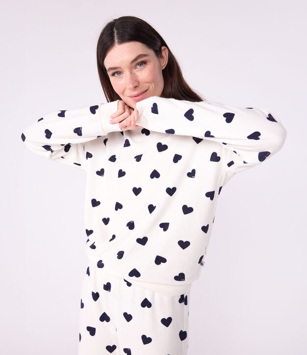 Damen-Pyjama aus Baumwoll-Frottee mit Herzmotiv blau/blau