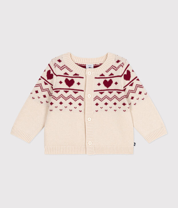 Baby-Cardigan aus Woll- und Baumwollstrick mit Herzmotiv naturfarben/rot