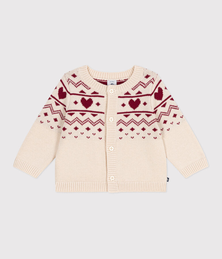Baby-Cardigan aus Woll- und Baumwollstrick mit Herzmotiv naturfarben/rot