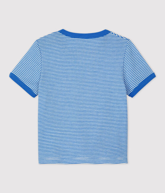 Kurzärmeliges Baby-T-Shirt aus Bio-Baumwolle mit Ringelstreifen blau BRASIER/grau MARSHMALLOW