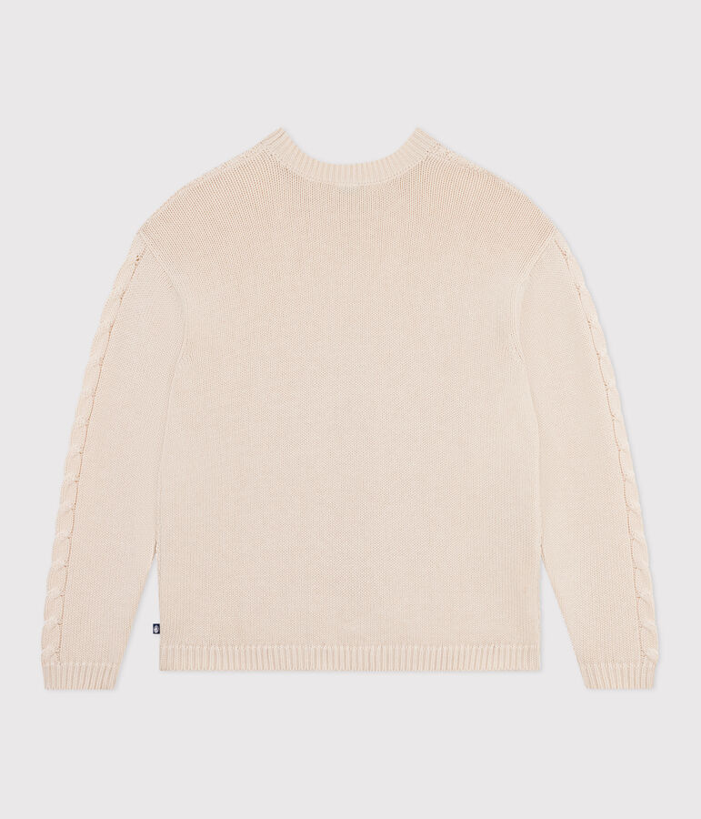 Damen-Pullover aus einfarbiger Wolle und Baumwolle mit Zopfmuster naturfarben