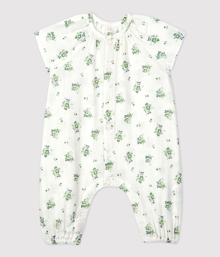 Langer Baby-Overall aus Bio-Baumwollgaze mit Blumenmuster weiss/vielfarbig