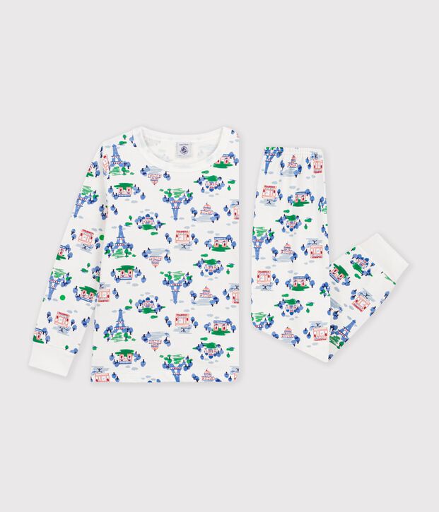 Kinder-Pyjama aus Molton mit Paris-Motiven weiss/vielfarbig