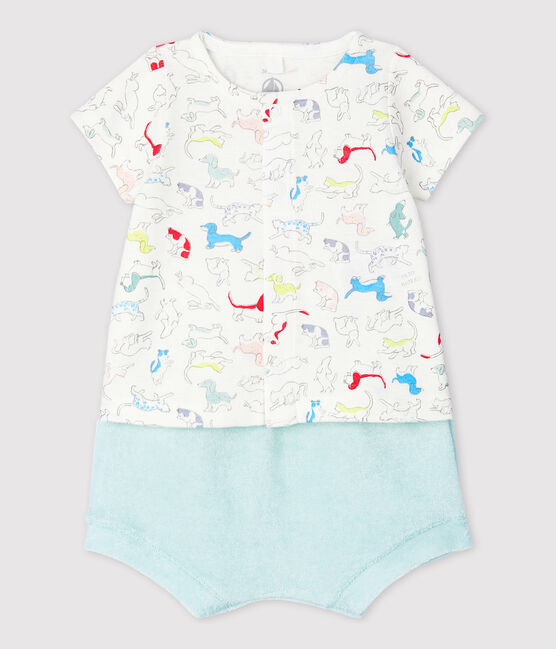 Zweiteiliges Baby-Set aus Frottee und Bio-Baumwolle mit buntem Hundewelpen-Motiv weiss MARSHMALLOW/weiss MULTICO