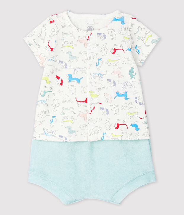 Zweiteiliges Baby-Set aus Frottee und Bio-Baumwolle mit buntem Hundewelpen-Motiv weiss/vielfarbig