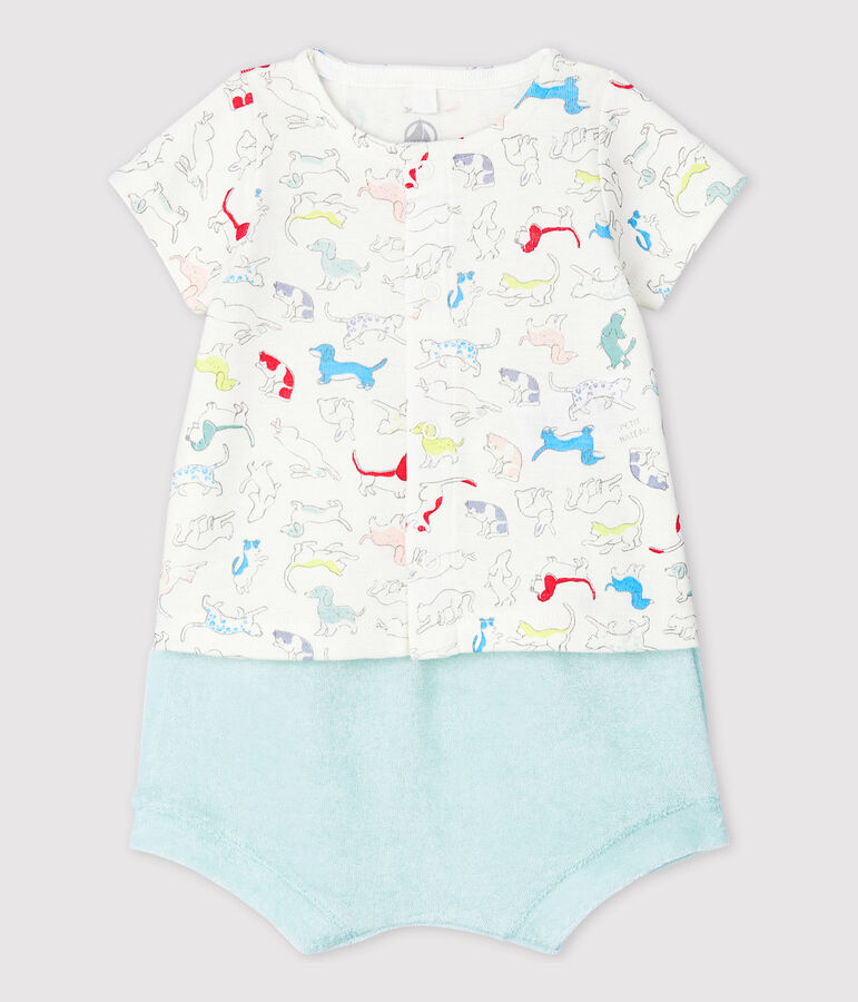 Zweiteiliges Baby-Set aus Frottee und Bio-Baumwolle mit buntem Hundewelpen-Motiv weiss/vielfarbig
