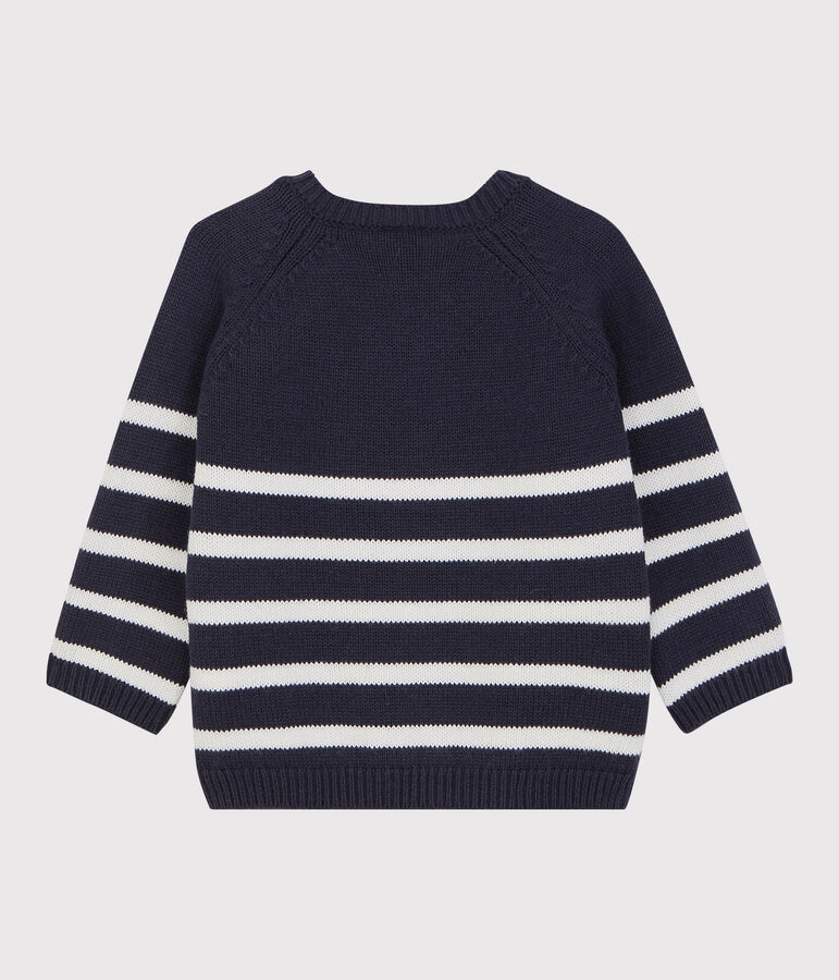 Baby-Pullover aus Wolle und Baumwolle. blau/weiss