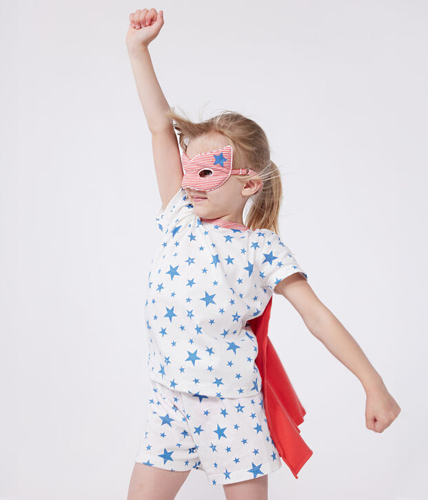 Kinder-Kurzpyjama zum Verkleiden aus phoshoreszierender Baumwolle mit Cape weiss/vielfarbig