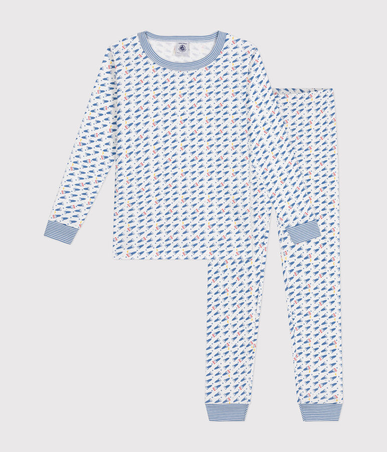 Eng anliegender Kinder-Pyjama aus Baumwolle mit Raketenmotiv weiss/vielfarbig