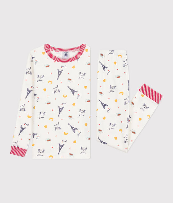Kinder-Pyjama aus Baumwolle mit eng anliegenden Beinen und Muster weiss MARSHMALLOW/weiss MULTICO