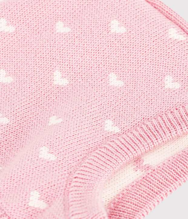 Baby-Schlauchm&uuml;tze aus Woll- und Baumwollstrick mit Herzmotiv rosa/weiss