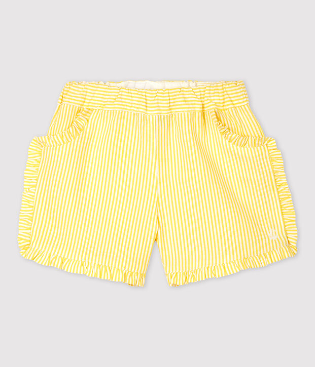 Gestreifte Baby-Shorts f&uuml;r M&auml;dchen aus Seersucker gelb/weiss