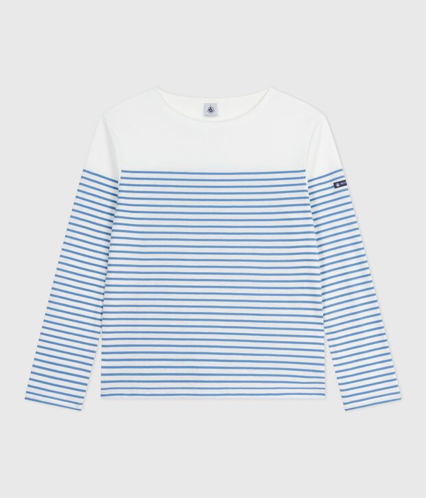 Lang&auml;rmeliges Damen-T-Shirt Marini&egrave;re aus Baumwolle weiss/blau