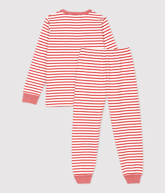 Kinderpyjama aus Molton mit roten Marinestreifen weiss MARSHMALLOW/rot TERKUIT