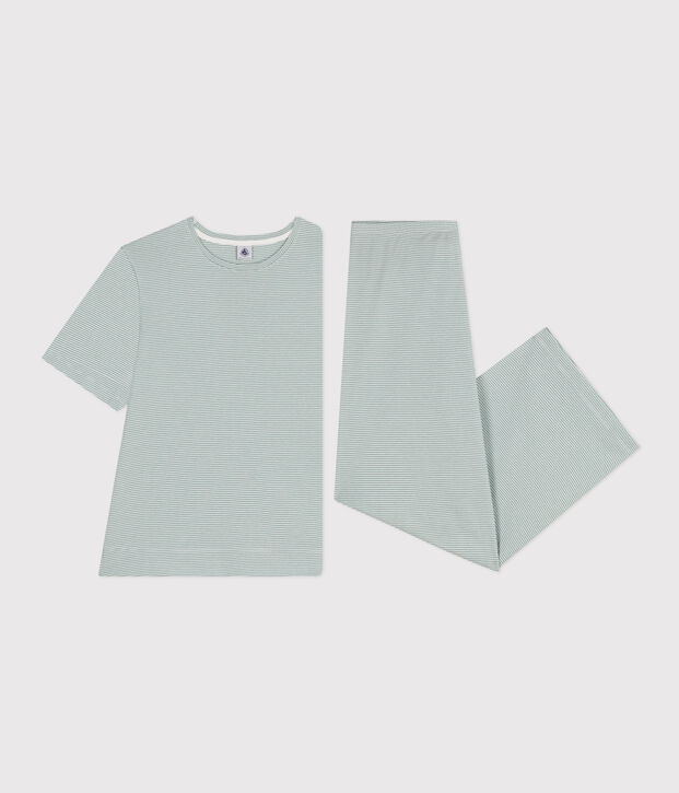 Damenpyjama aus Baumwolle, mit Ringelstreifen gr&uuml;n/weiss