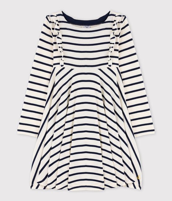 Langärmeliges Kinderkleid für Mädchen beige COQUILLE/blau SMOKING CN