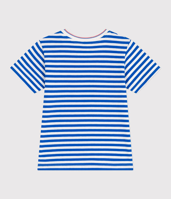 Kurzärmeliges Kinder-T-Shirt aus Baumwolle mit Streifen blau PORCELANA/ MARSHMALLOW