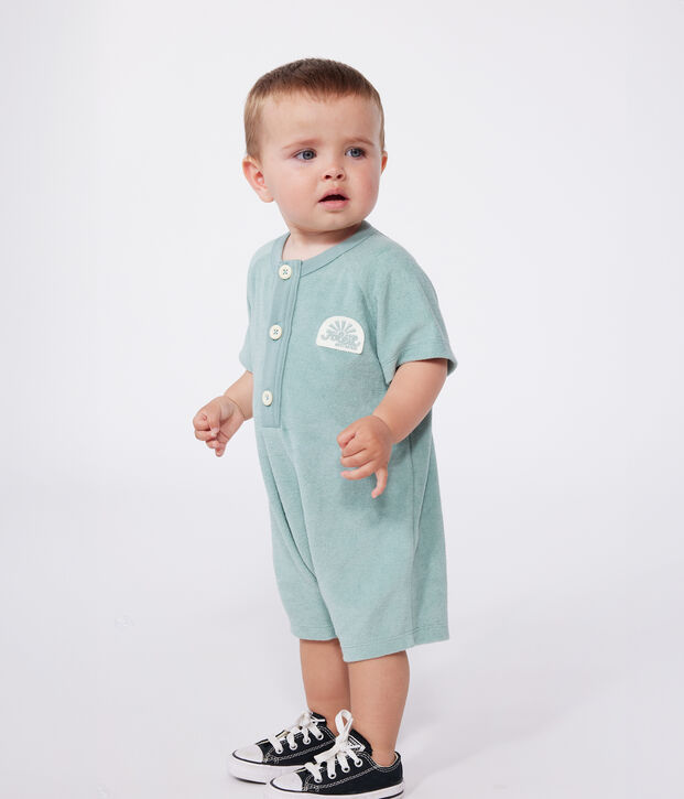 Baby-Kurzoverall aus einfarbigem Baumwoll-Frottee mit Aufn&auml;her gr&uuml;n