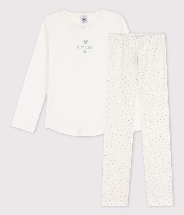 Kinderpyjama aus Baumwolle mit Herzchen f&uuml;r M&auml;dchen weiss/gr&uuml;n