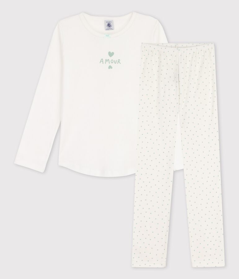 Kinderpyjama aus Baumwolle mit Herzchen f&uuml;r M&auml;dchen weiss MARSHMALLOW/ HERBIER