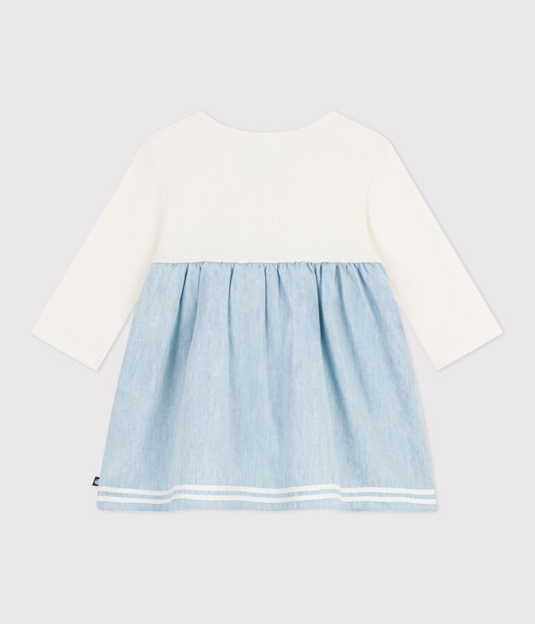 Lang&auml;rmeliges Baby-Kleid aus zwei Stoffen, Baumwolle und Chambray naturfarben/vielfarbig