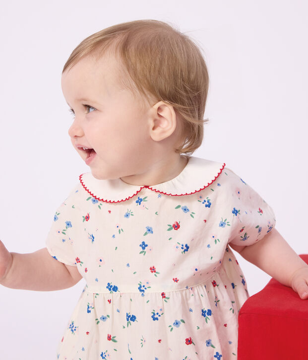 Kurz&auml;rmeliges Babykleid aus Baumwolle und dazu passender Bloomer mit Blumenmuster weiss/vielfarbig