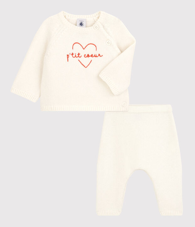 Zweiteiliges Baby-Set aus Woll- und Baumwoll-Strick weiss