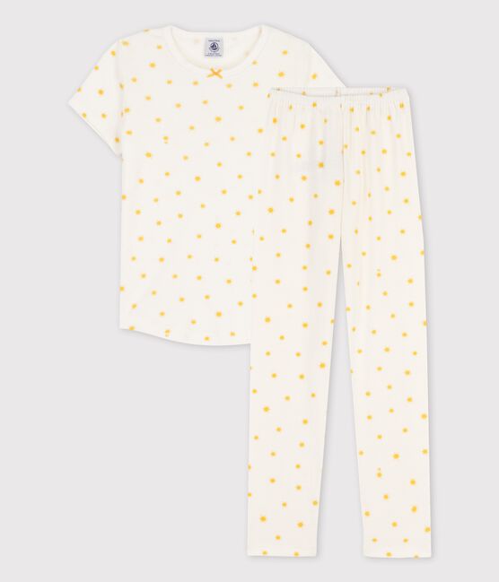 Kurzärmeliger Kinderpyjama aus Bio-Baumwolle mit Sonnemotiv für Mädchen weiss MARSHMALLOW/ ORGE