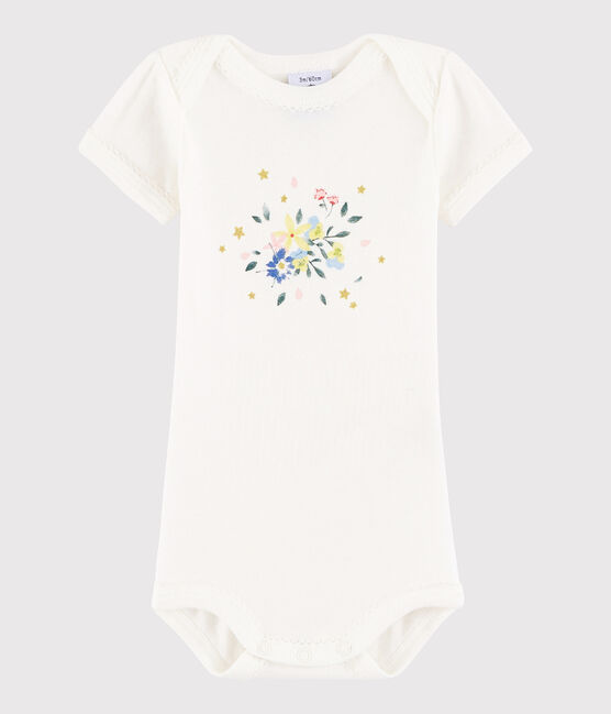 Kurzärmeliger Baby-Body Mädchen weiss MARSHMALLOW/rosa PETAL