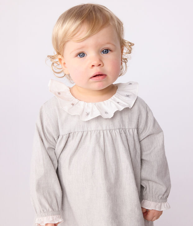 Lang&auml;rmeliges Baby-Kleid mit Kragen aus einfarbigem Flanell FUMEE CHINE
