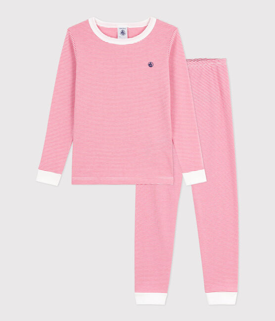Kinder-Pyjama aus Baumwolle mit eng anliegenden Beinen und Streifen rosa PEONIA/ MARSHMALLOW