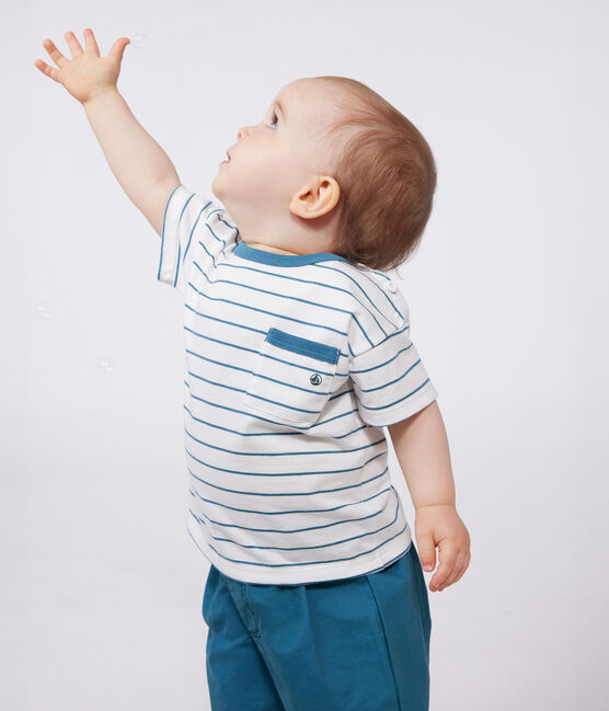 Kurzärmeliges Baby-T-Shirt aus Baumwolle mit Streifen grün MARSHMALLOW/ DRAGONFLY
