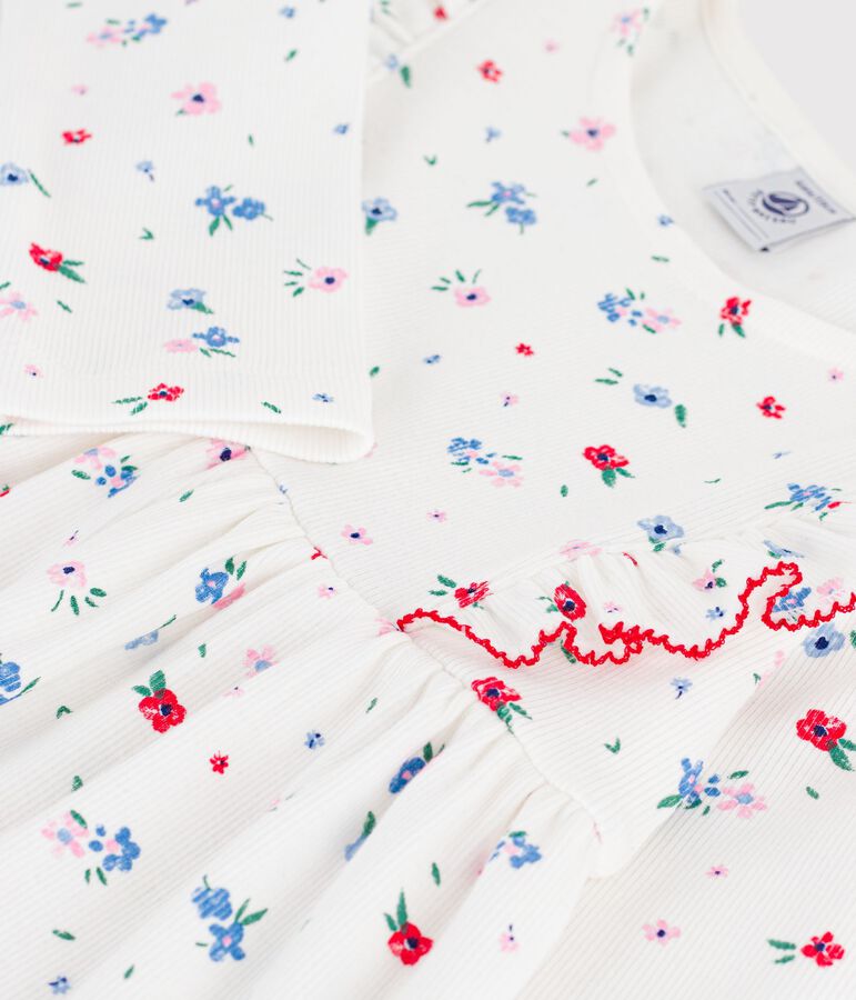 Lang&auml;rmeliges Kinder-Kleid aus Baumwolle mit Blumenmuster weiss/vielfarbig