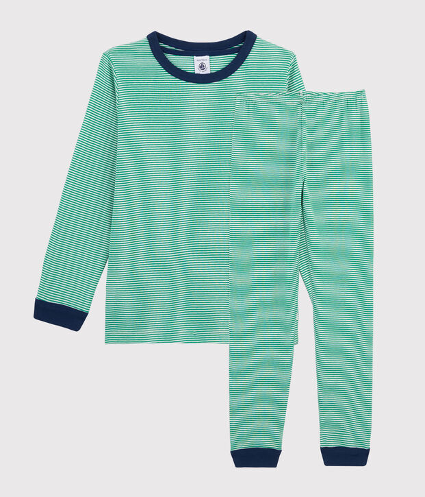 Kinderpyjama aus Rippstrick mit gr&uuml;nen Ringelstreifen f&uuml;r Jungen gr&uuml;n/weiss