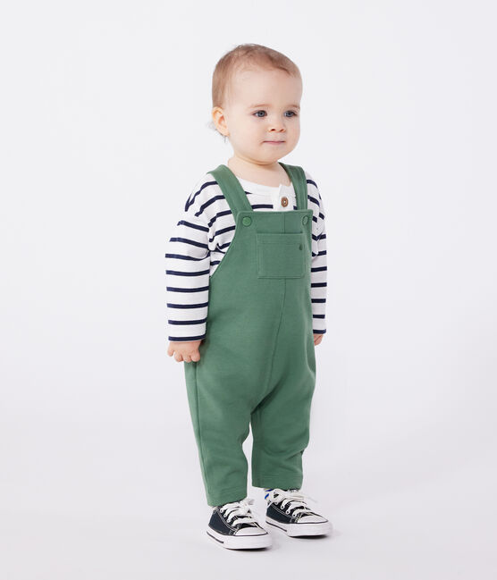 Langbeinige Baby-Latzhose aus einfarbiger Baumwolle grün PALMERAIE
