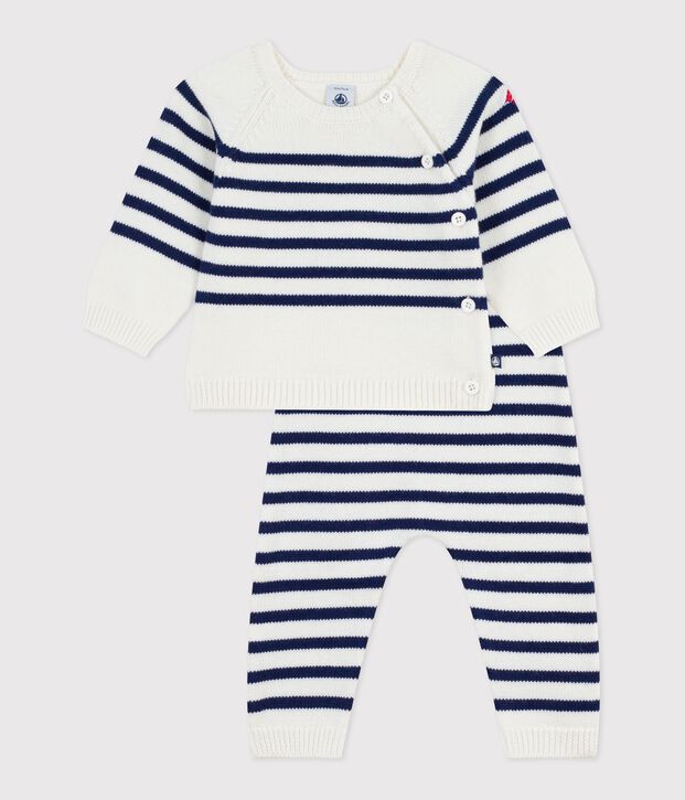 2-teiliges Baby-Set aus Wollstrick mit Matrosenstreifen blau/blau