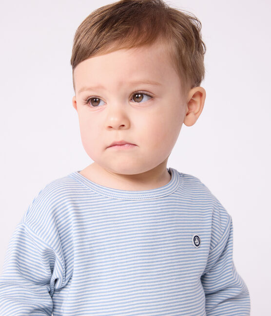 Langärmeliges Baby-T-Shirt aus Baumwolle mit Streifen ADRIATIC/ MARSHMALLOW