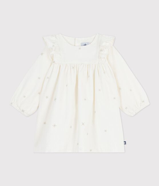 Langärmeliges Baby-Kleid aus Fein-Cord mit Allover-Stickereien naturfarben MILK/ ARGENT