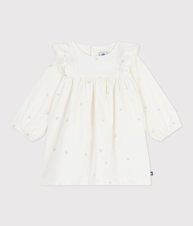 Lang&auml;rmeliges Baby-Kleid aus Fein-Cord mit Allover-Stickereien naturfarben/grau